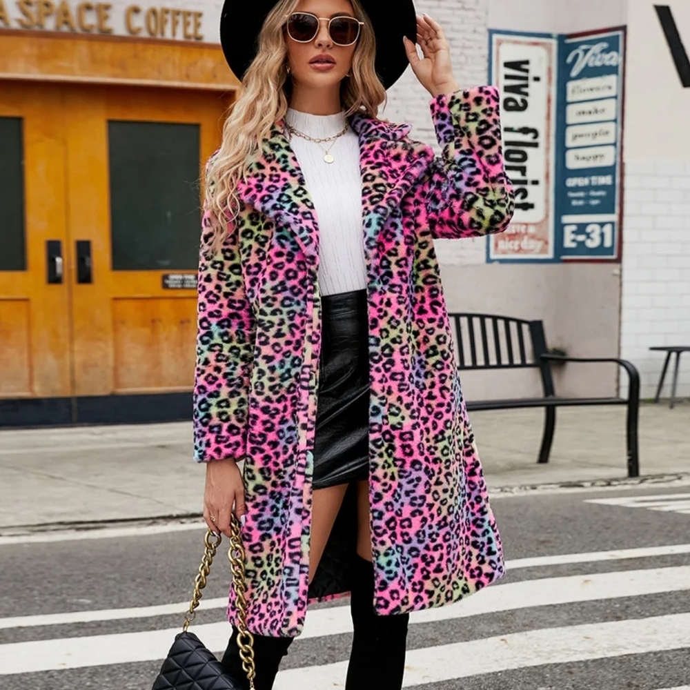 Women's Warm Faux Fox Fur Long Coat Leopard Leisure Long Jacket - Picture 2 of 4